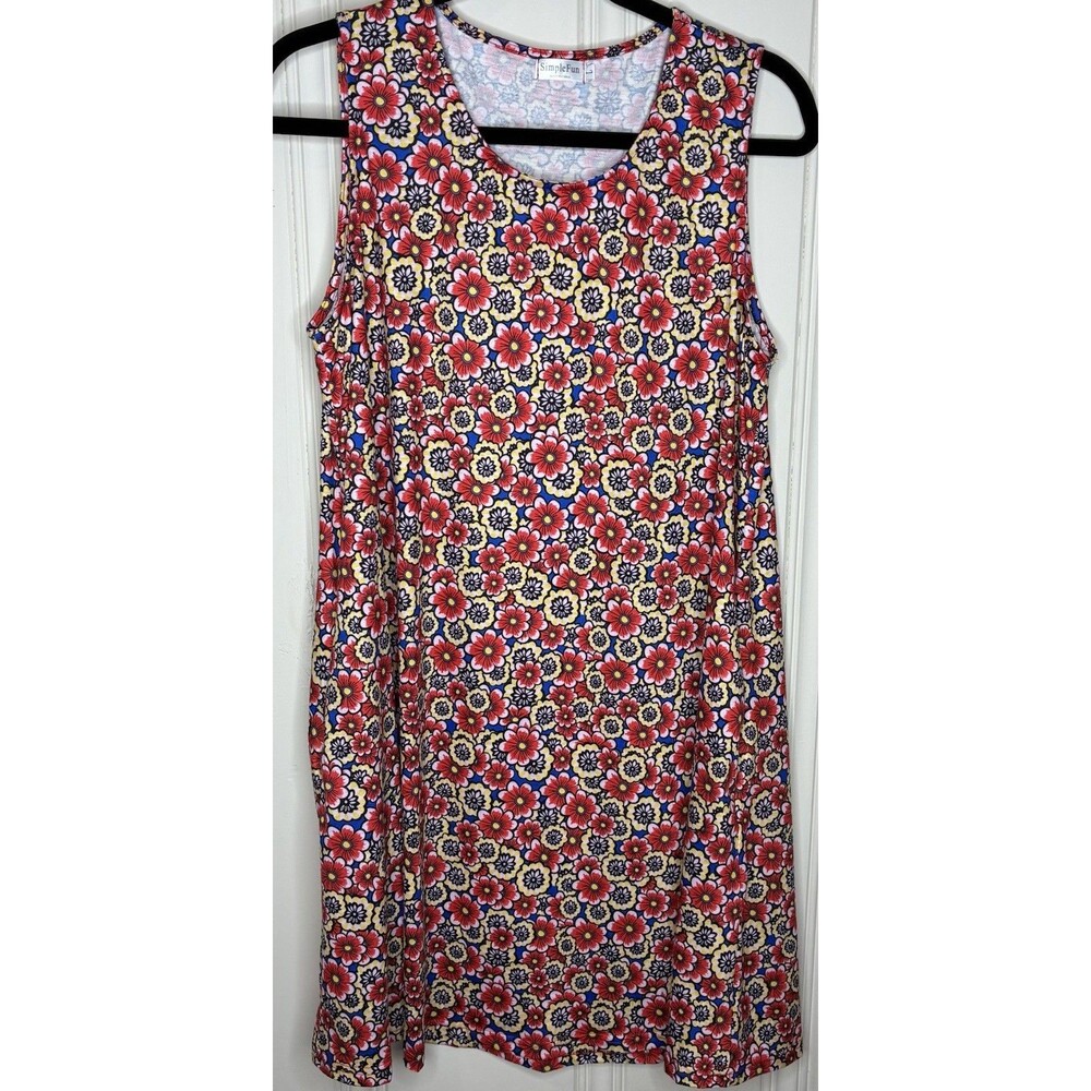 Sleeveless tank swing dress retro floral sz L pockets beach relaxed casual boho